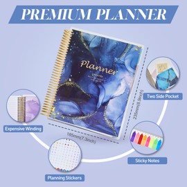 Large Undated Planner, 8.9”x7.1”, PET Cover Daily Weekly Monthly Yearly Agenda Organizer Sprial Notebook Journal for 2024, 2025, Page Tabs, Separator Page, Pocket Folder, Sticky Note Set