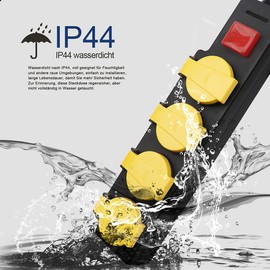 EXTRASTAR 4-Way Outdoor Power Strip with Switch, Schuko Sockets, 16 A/230 V, Max. 3500 W, Power Saving Multiple Socket with Child Protection, IP44 Waterproof, 2 m Cable, Black