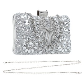 uxcell Evening Bags for Women, Sparkly Crystal Clutch Purse with Rhinestone Chain Handbags for Wedding Party Evening Weekend, Silver