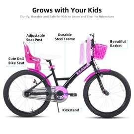 KEANO Zinnia 20 Inch Kids Bike for Girls Ages 7-10 Years, 20 Inch Girls' Bikes with Kickstand, Streamers, Basket and Doll Seat, Children Bicycles Black