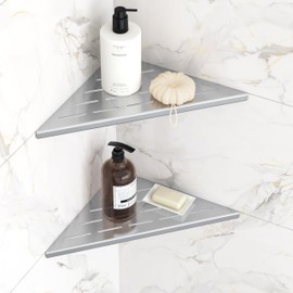 Qeke Corner Shower Shelves, 10” Recessed Tile Shower Shelf, 304 Stainless Steel Grout in Corner Tile Shower Shelves, No Drilling, Brushed Nickel, 2 Pack