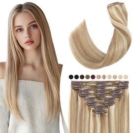 Elailite Real Hair Clip-In Extensions #12P613 Golden Brown Mix Bleach Blonde Hair Extensions Human Hair Pieces 8 Pieces 18 Clips 25 cm 110 g