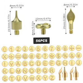 Wood Burning Letters 56PCS/Set Brass Wood Burning Numbers with Wood Burning Tip Wood Burning Tool with Letters Including Alphabet Number Symbol for Wood Burner Craft DIY Embossing Carving