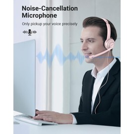 NUBWO HW02 USB Headset with Microphone Noise Cancelling &in-line Control, Ultra Comfort Computer Headphones for Laptop pc, On-Ear Wired Office Call Center Headset for Boom Skype Webinars (Pink)