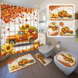 Nuanchu 6 Pcs Shower Curtain Bathroom Set with Bath Mat U Shaped Mat Toilet Cover 2 Bath Towels and 12 Hooks Bathroom Decor Set,71 x 71 Inch(Monster Truck)