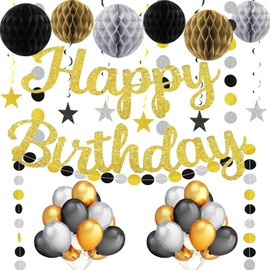 Black Gold Birthday Party Decorations Supplies with Pre-Strung Glitter Gold Happy Birthday Banner,Honeycomb Balls,Hanging Swirls,Circle Dots Garland,Balloons for Women Men Boys Girls
