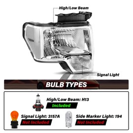 BRYGHT Headlight Assembly Fit for 09 to 14 Ford F150 Pickup Bulbs Included Passenger & Driver Side, Chrome Housing & Clear Reflector