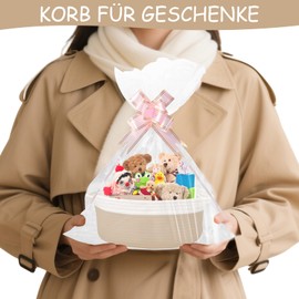 Empty Gift Basket, Storage Basket, Braided Basket for Gifts with Gift Bags and Ribbons, Empty Gift Basket for Birthday, Wedding, Baby Shower, Thanksgiving, Christmas (Khaki and White)