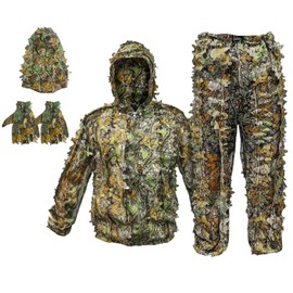 Socpuro Ghillie Suits 3D Leafy Camo Hunting Suits, Camouflage Ghillie Suit with Full Face Mask Gloves Set, Lightweight Breathable Camo Clothing Suit for Hunting Photography (Height 4.9-5.9Ft)