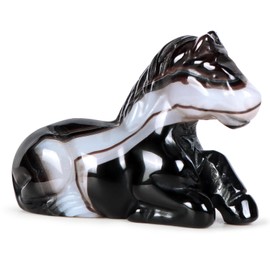 LEADGEM Crystal Horse Statue Home Decor 2" Hand Carved Healing Horse Sculpture Paperweight Table Centerpiece Ornament Stone, Black Banded Agate
