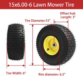 LTNICER (2 PACK) 15x6.00-6 Lawn Mower Tires, Yellow Wheel,15x6-6 Front Tire -3" Offset Hub,3/4" Bushing Replacement for Craftsman/John Deere/Cub Cadet Riding Mowers,4 Ply Tubeless