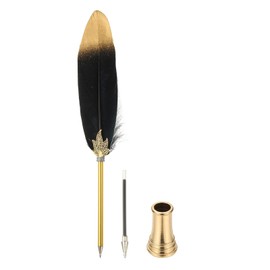 PATIKIL Feather Pen Quill, Feather Ballpoint Pen Bulk Refined Vintage Feather Calligraphy Pen with Golden Pen Holder for Guest Signature Wedding Bridal Office Writing, Black