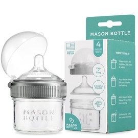 Mason Bottle 4oz Baby Glass Bottle with Breast Like Slow Flow Nipple, Cap+Ring - BPA Free, Non Toxic, Anti Colic Baby Bottle, Glass Feeding Bottle for Babies