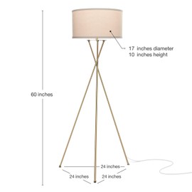 Brightech Jaxon LED Floor lamp, Modern Lamp for Living Rooms & Offices, Tall Lamp with Contemporary Drum Shade, Gold Tripod Standing Lamp for Bedroom Reading, Great Living Room Decor - Brass