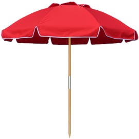 AMMSUN 7.5ft Heavy Duty HIGH Wind Beach Umbrella Commercial Grade wood Beach Umbrella with Air Vent Ash Wood Pole & Portable Carry Bag UPF50+ Protection Windproof Red