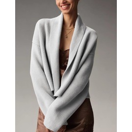 Wyeysyt Womens Cropped Cardigan Sweater Oversized Lapel Shawl Coatigan Chunky Knit Long Sleeve Sweater(Grey-L)