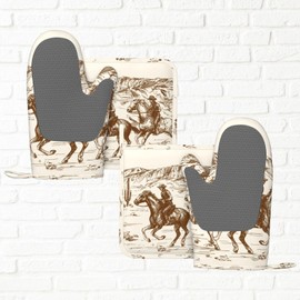 Cool Desert Cowboy Western Oven Mitts and Pot Holders Sets, 4pcs Silicone Non-Slip Kitchen Mitts Potholders Heat Resistant BBQ Gloves Hot Pads for Cooking Grilling Baking Microwave Chef Gifts Decor