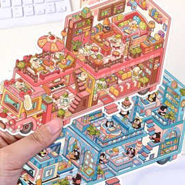 4 Sets DIY 3D Fun Mini House Scene Stickers with Tweezers Make Your Own Penguin Dog Capybara Touring Car Theme Sticker Scenes Cute Animal Micro Stickers for Relief Stress Pass The Time