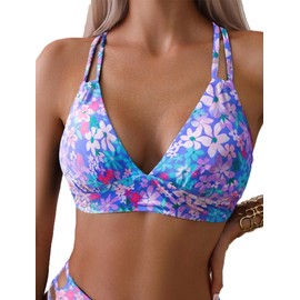 Tainehs Women's Push Up V Neck Bikini Tops Criss Cross Back Padded Bathing Suit Top Only