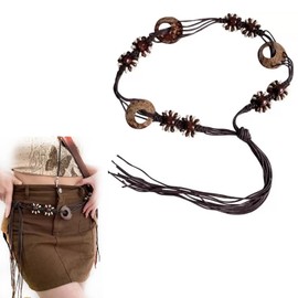 iRIIRIO 1pc Women Boho-Style Braid Waist Belt Coconut Shell Beads Decor Waist Band with Adjustable Tie Rope for Dress Jeans (Brown)