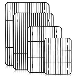 TeamFar Cooling Rack Set of 4, Stainless Steel Black Non-Stick Coated Various Size Wire Baking Roasting Rack for Baking Sheet Toaster Oven Pan, Non-Toxic & Non-Stick, Heavy Duty & Easy Clean