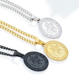 L.Karden Mens Necklace St. Christopher Oval Pendant Stainless Steel Necklacesfor Men/Women Silver-Plated Cuban Chain Patron Saints of Travellers Christening Gifts for Boys Child