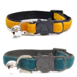 Velvet Cat Collars with Bell. Safe Quick Release Breakaway Buckle | Zacal Cat Collars (Mustard & Emerald Green, Pack of 2)
