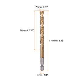 sourcing map 1/4 Inch Hex Shank Drill Bit 7 mm Titanium Bore Bits Set M35 High Speed Steel Rotary Drill Bit 110 mm Long Full Grounding for Wood Stainless Steel Metal Plastic