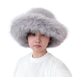 Lina & Lily Oversized Winter Faux Fur Bucket Hat for Women - Long Pile Fur Wide Moldable Brim (Light Grey)