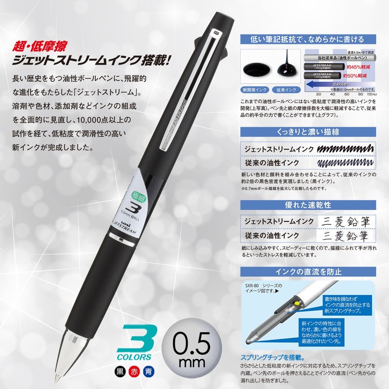 Mitsubishi Pencil SXE380005.24 Tri-Color Ballpoint Pen Jet Stream 0.5 Black