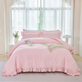 ANGIYUIN 5 Pieces Pink Comforter Set Queen Size Ruffled Bedding Sets Farmhouse Bed Comforter Set with Ruffle Design Solid Color Fluffy Bed in A Bag for Women(Pink Queen)