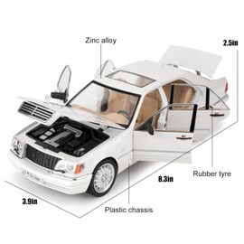 BDTCTK Compatible for 1:24 Benz W140 S320 Model Car, Diecast Collectible Pull Back Toy Car, Retro Classic Car with Sound and Light for Adults Kids Boys Girls, Gift White