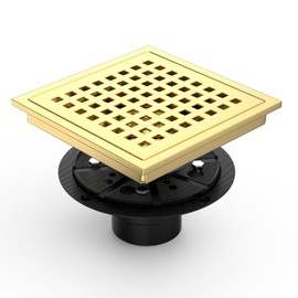 Premium 6" Square Shower Floor Drain with Flange - Quadrato Pattern Removable Grate, Brushed Gold Finish, Food-Grade SUS 304 Stainless Steel