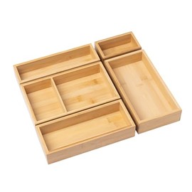 5 Piece Bamboo Drawer Organiser Set Wooden Drawer Organiser for Office Kitchen Wooden Drawer Tea Organiser Boxes Cutlery, Makeup and Tea Bags