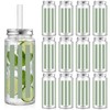 18 Pack Sage Green Striped Disposable Plastic Cups with Lids