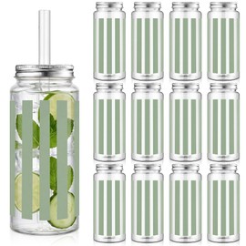 18 Pack Sage Green Striped Disposable Plastic Cups with Lids and Straws, 13.5oz Clear Iced Coffee Cups for Wedding Bachelorette Party Baby Shower Tea Juice, 400ml Cold Drinkware