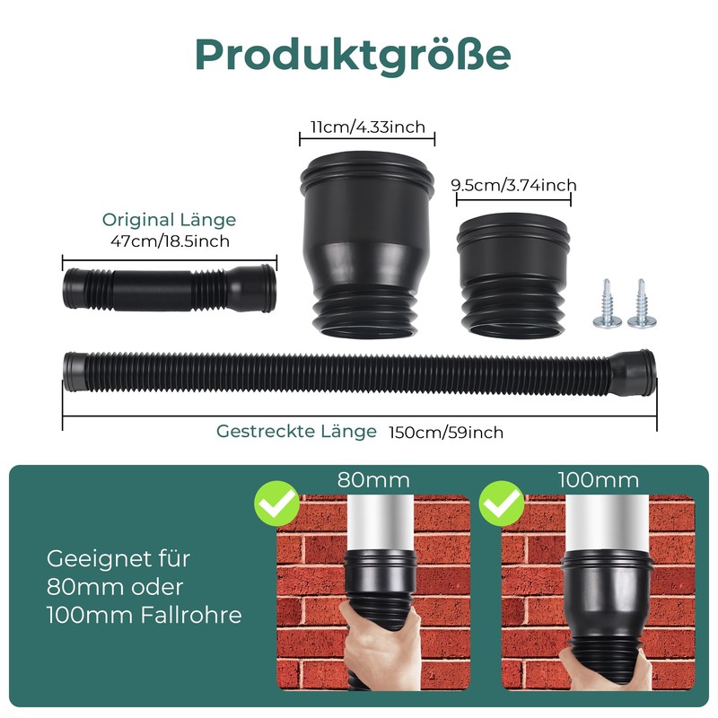 BKITC Gutter Flexible Downpipe Extension, Round Extension for Downpipe 80/100