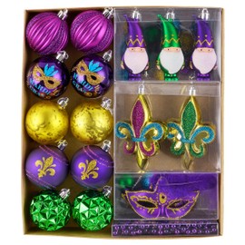 DecorbyHannah 40ct Mardi Gras Decorations Ornaments, Purple Green Gold Ornaments Set with Carnival Masks and Mardi Gras Beads, Shatterproof Ornaments for Indoor Outdoor New Orleans Masquerade Party