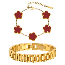 Juego de 2 pulseras apilables con diseño floral, chapado en oro de 18 quilates, no se deslustra, cadena de eslabones de acero inoxidable, joyería de moda, regalo de cumpleaños de Navidad, San Valentín