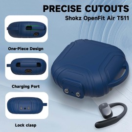 Nimuw [Secure Lock] Case for Shokz OpenFit Air T511 Open-Ear Headphones, Silicone Anti-Slip Anti-Scratch Protective Cover for Shokz OpenFit Air T511 Case Earbuds Charging Case with Carabiner (Blue)