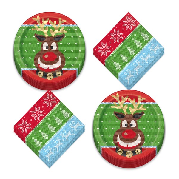 ¡Live It Up! Party Supplies Ugly Sweater - Platos de cena de papel para Navidad y servilletas de almuerzo (16 unidades)