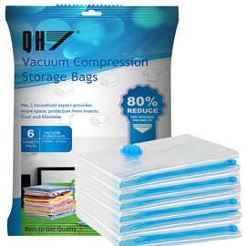 QH7 Small Vacuum Storage Bags. 80% More Storage,Travel Vacuum bags clothes, Double-Zip Seal and Triple Seal Turbo-Valve for Max Space Saving,Reusable Space Saver Bags,6(60x40cm)+1 Hand-Pump