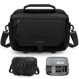 RAINSMORE Camera Bag, Small Waterproof Camera Sling Bag DSLR/SLR/Mirrorless Camera Case with Tripod Holder & Rain Cover Compact Crossbody Camera Bags for Photographers Everyday Shoulder Bags, Black