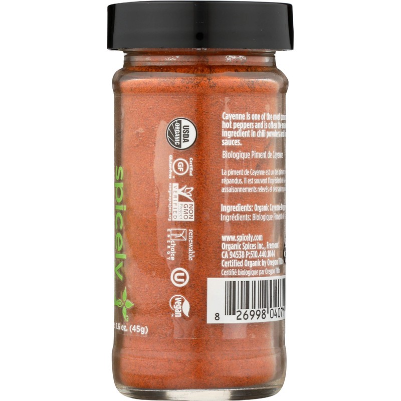 Spicely Organic Cayenne Pepper Powder 1.60 Ounce Jar Certified Gluten