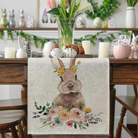 Happy Easter Bunny Table Runner, Spring Seasona Linen Easter Tablecloth with Cute Patern, Kitchen Dining Table Cloths for Home Party Decorations (Beige-Bunny, 13-47 Inch)
