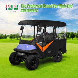 10L0L Universal Golf Cart Enclosure – Fits Yamaha, EZGO & Club Car (4-Passenger) – Waterproof 600D Polyester Cover – Windproof Design – 4-Side Clear Windows (Black & Orange)
