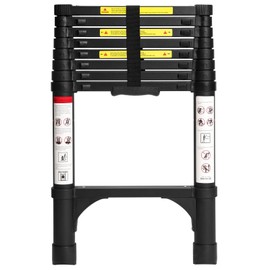 BOCOM 8.5 FT Aluminum Telescoping Ladder, Lightweight Multi-Purpose Collapsible Extension with 2 Triangle Stabilizers, Heavy Duty 330 lbs Max Capacity, Ideal for Home, RV, and Outdoor Work Black