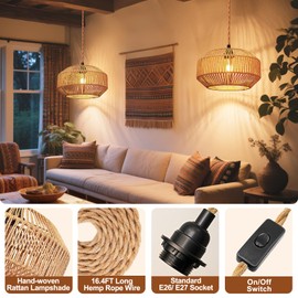 Maliralt Hanging Lamps Rattan Pendant Light Hanging Lights 16.4ft Plug in Cord Pendant Light Fixture Plug Into Wall Outlet Pendant Lighting with On Off Switch for Bedroom Living (Pumpkin Shade)