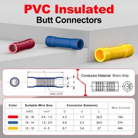 AIRIC AIRIC UL Listed Blue Butt Connectors Crimp Splice Terminals 100 pcs 16-14 AWG Electrical Connector, Fully Insulated PVC Wiring Crimps Terminal for 16,14 Gauge Wire