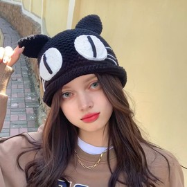 Alqpopg Womens Anime Beanie Hat Winter Warm Cap Cute Cat Crochet Caps Cat Ears Knitted Hats Girl Big Eyes Outdoor Ski Hat Black, Blcak, 1-2